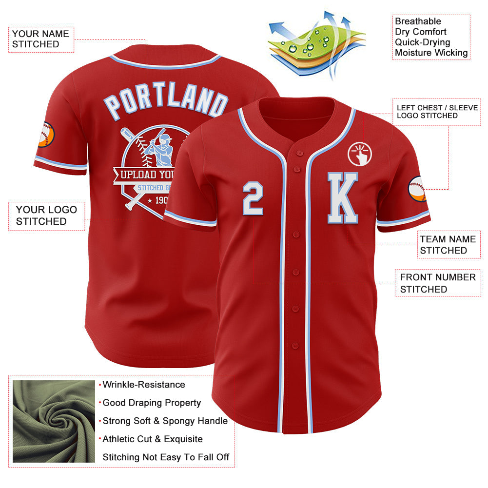 Custom Red White-Light Blue Authentic Baseball Jersey view 6