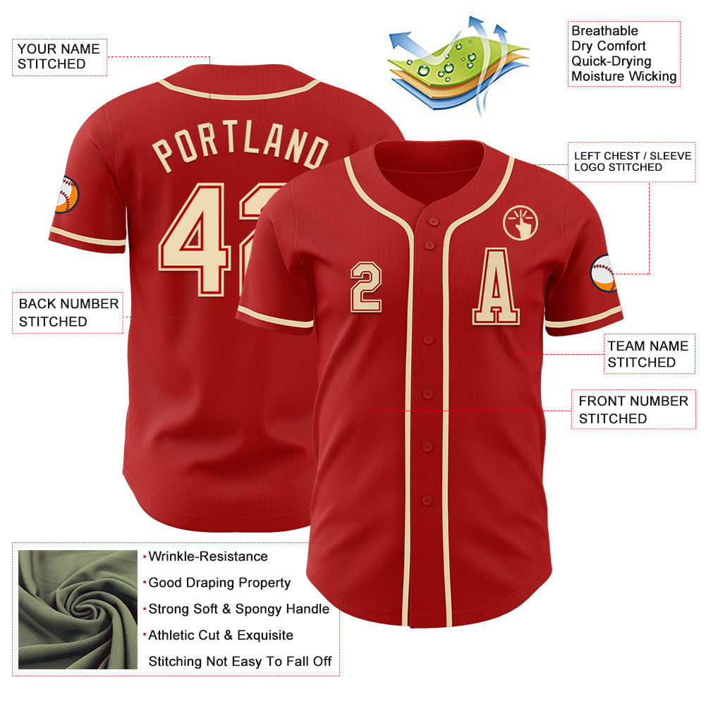 Custom Red Cream Authentic Baseball Jersey view 2
