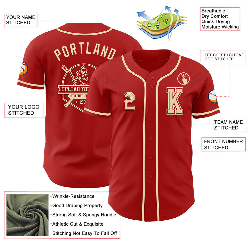Custom Red Cream Authentic Baseball Jersey view 6