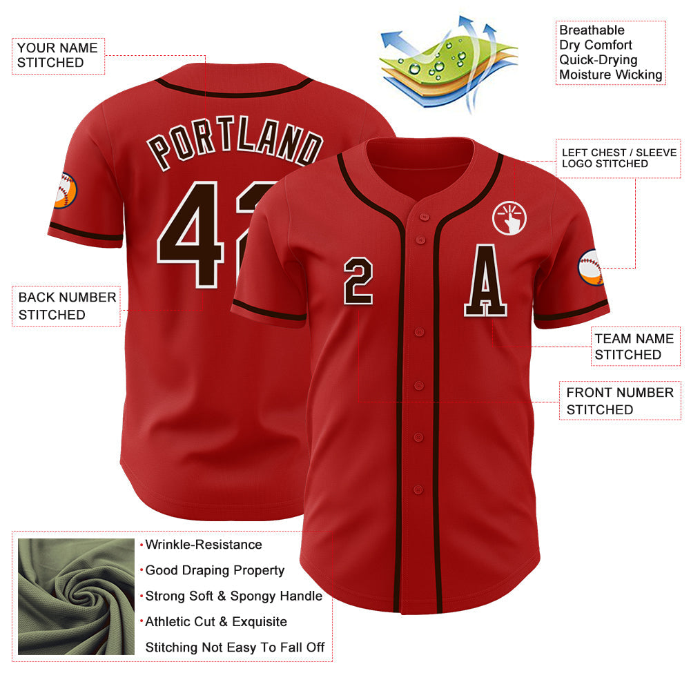 Custom Red Brown-White Authentic Baseball Jersey view 2