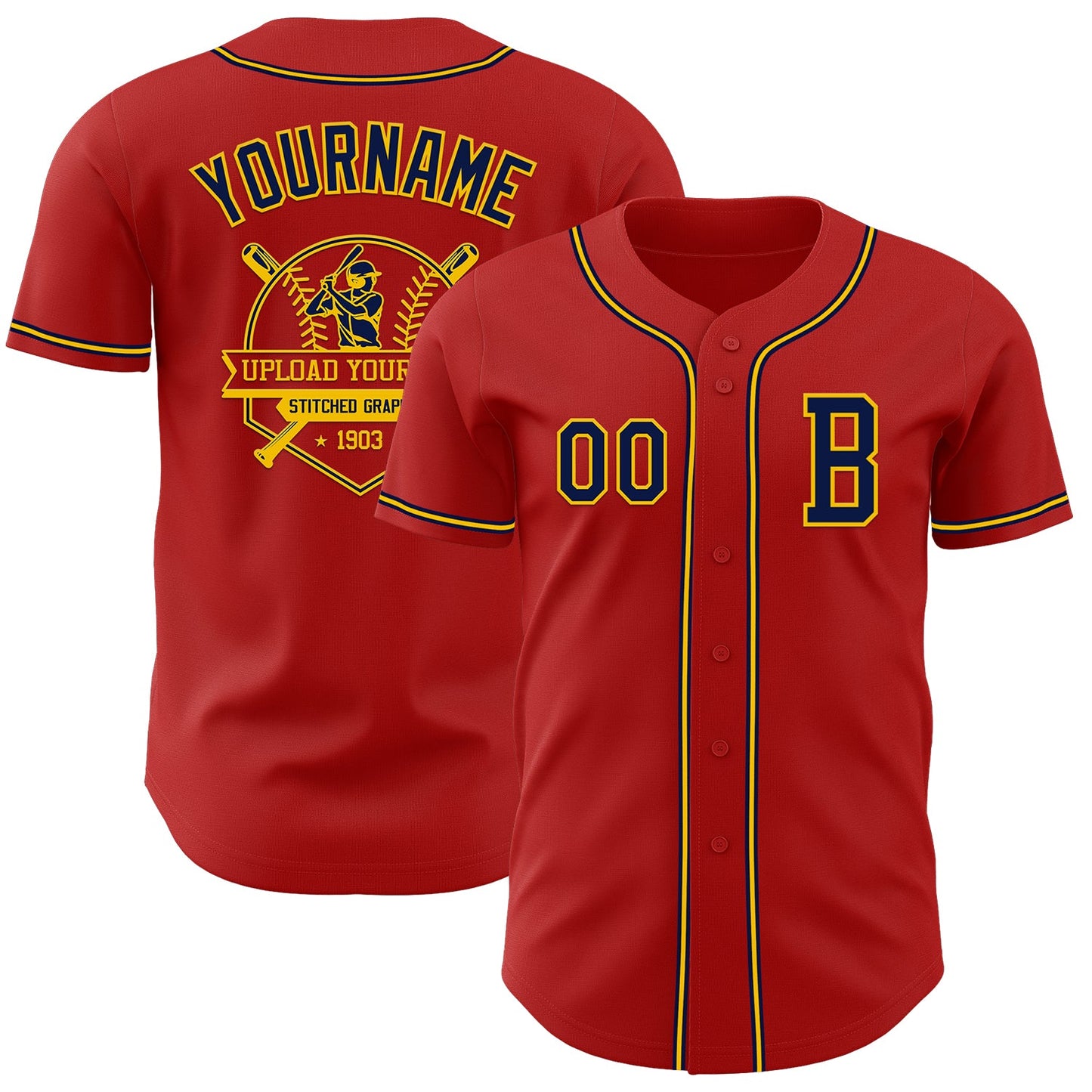Custom Red Navy-Yellow Authentic Baseball Jersey view 5