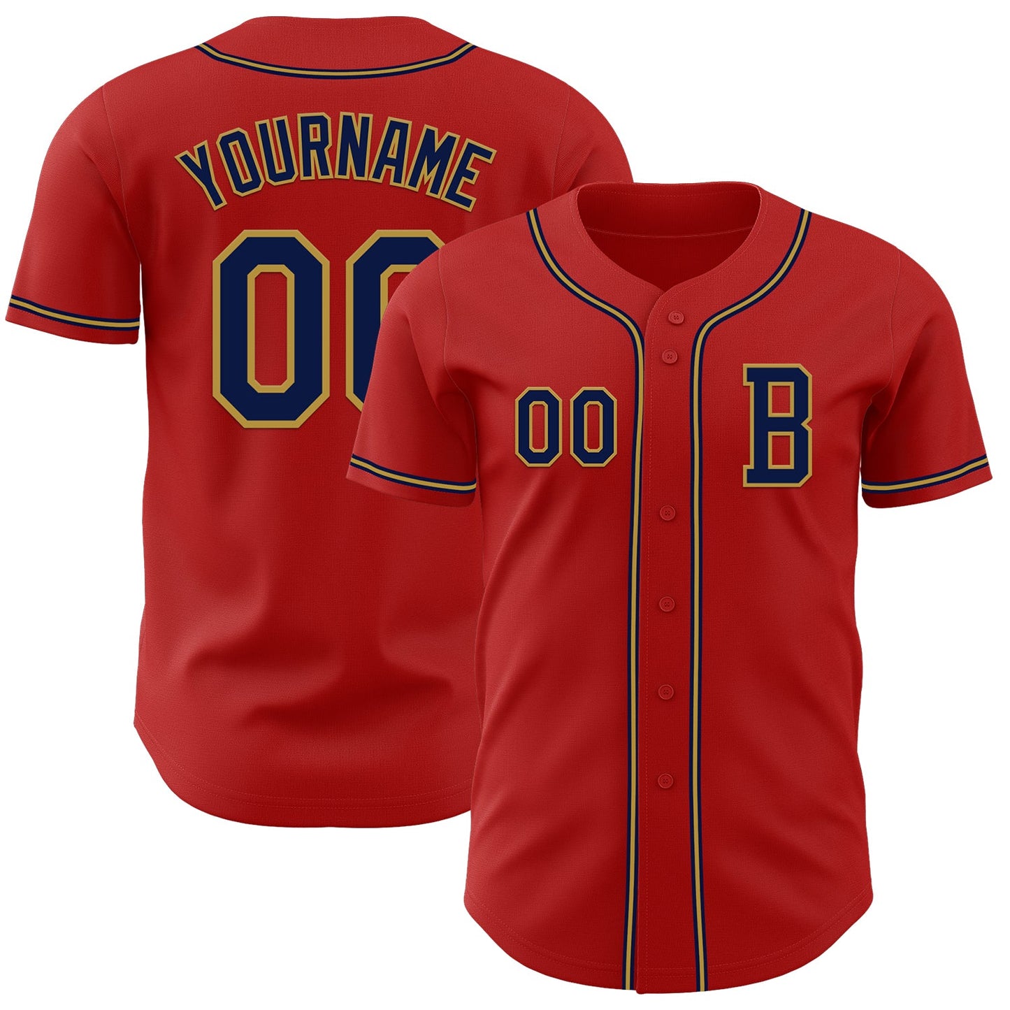 Custom Red Navy-Old Gold Authentic Baseball Jersey - Main View