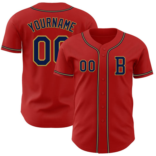 Custom Red Navy-Old Gold Authentic Baseball Jersey - Main View