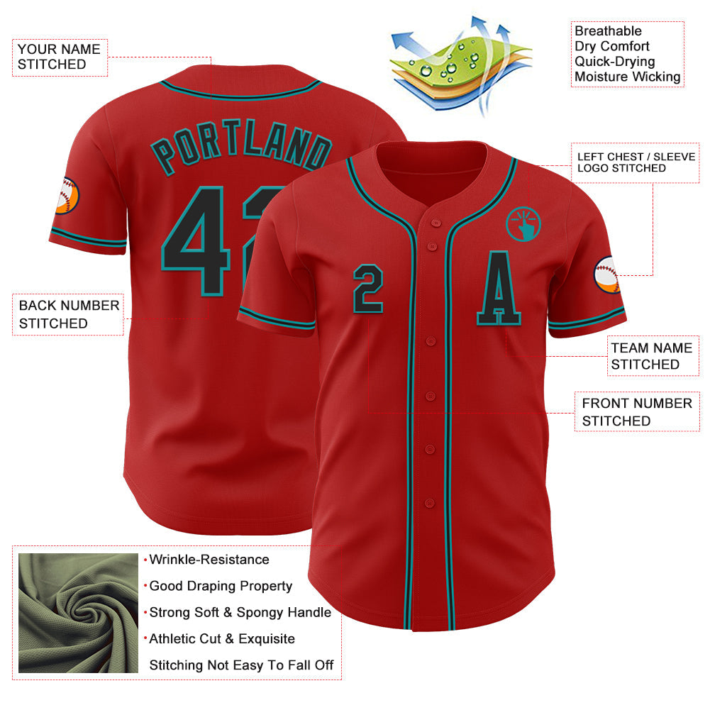 Custom Red Black-Teal Authentic Baseball Jersey view 2