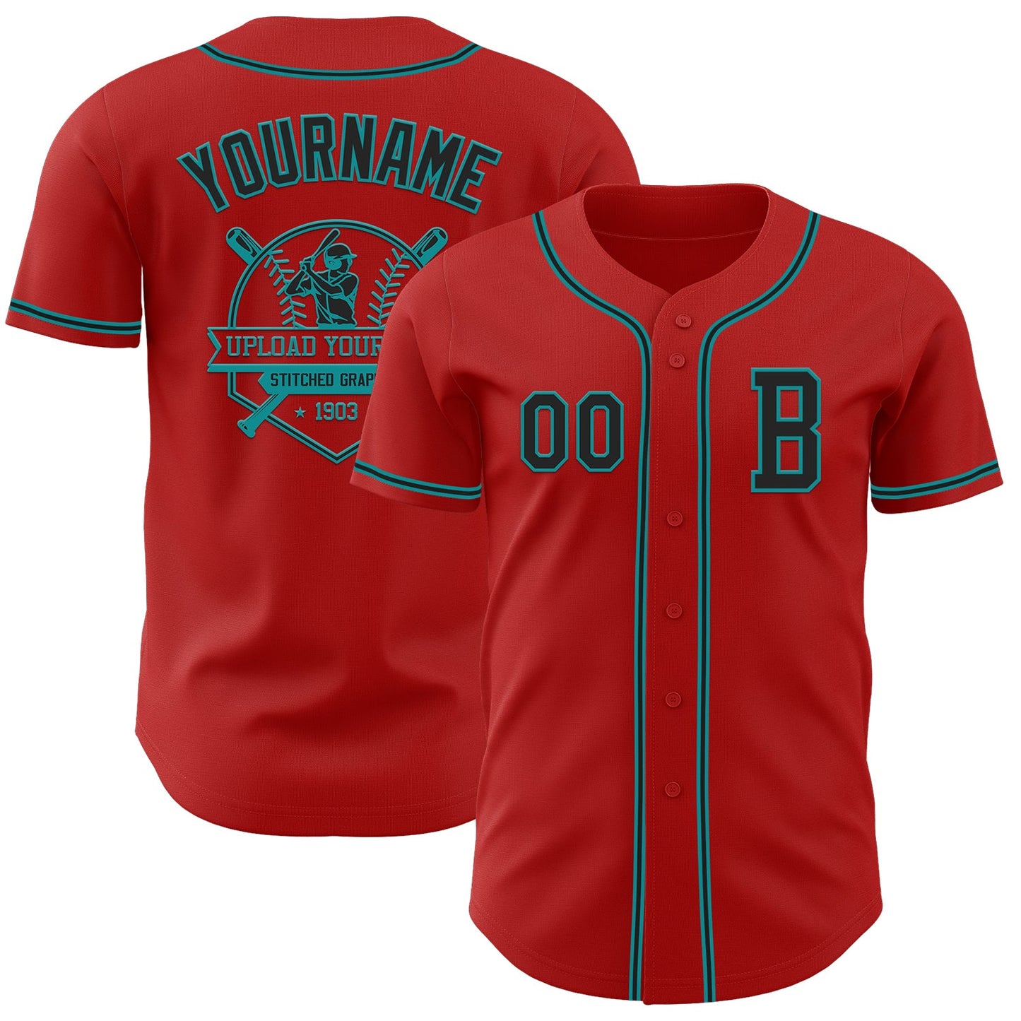 Custom Red Black-Teal Authentic Baseball Jersey view 5