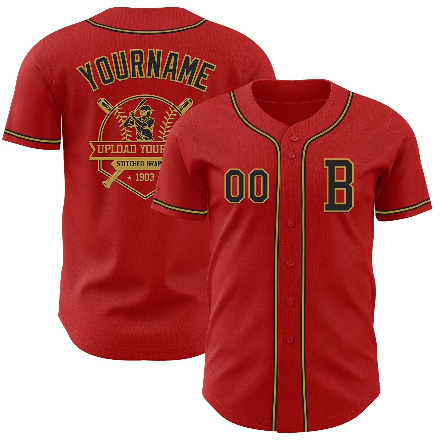 Custom Red Black-Old Gold Authentic Baseball Jersey view 5