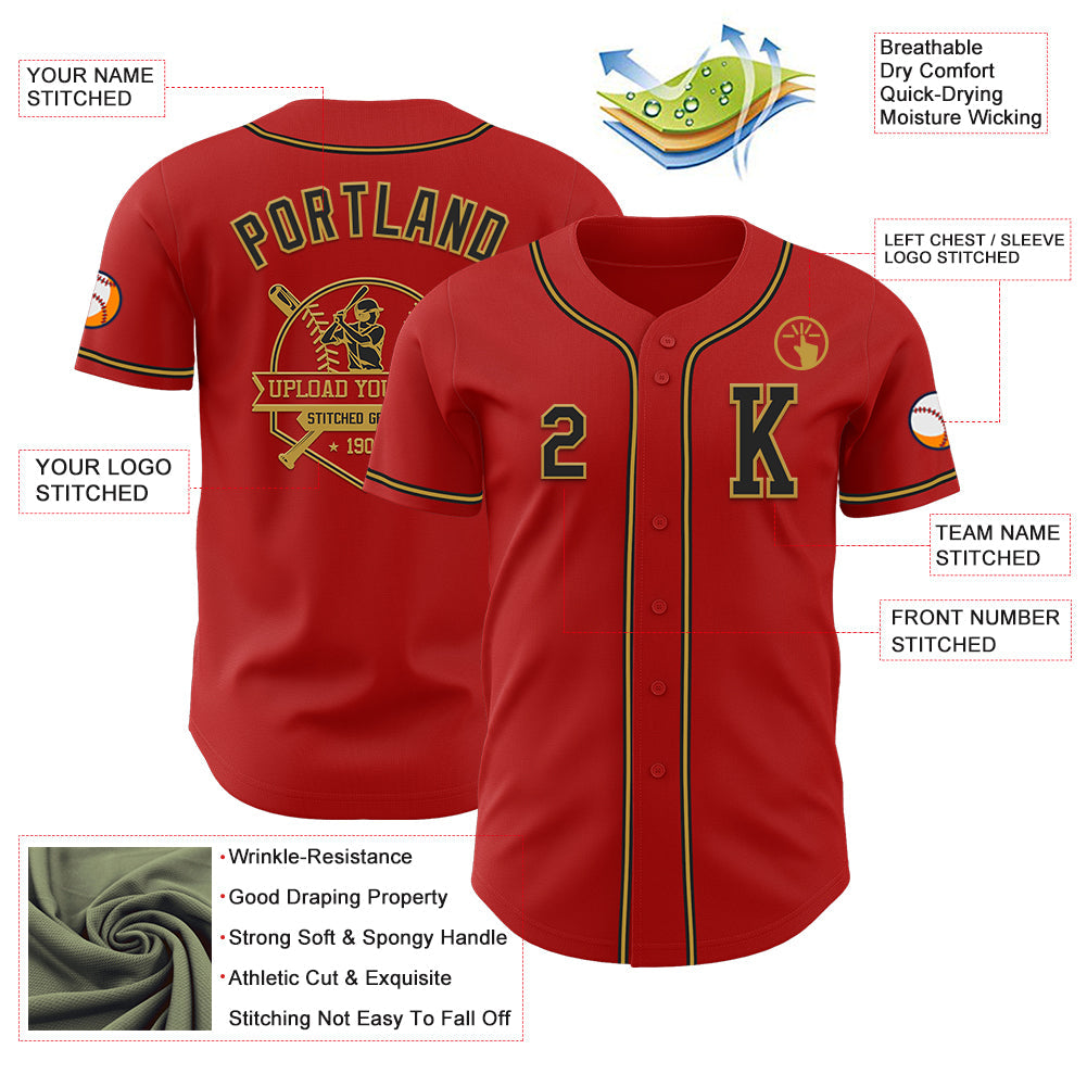 Custom Red Black-Old Gold Authentic Baseball Jersey view 6