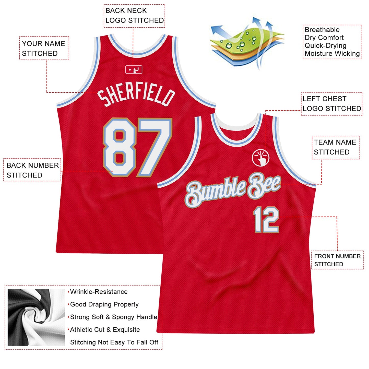Custom Red Light Blue-Old Gold Authentic Throwback Basketball Jersey view 2