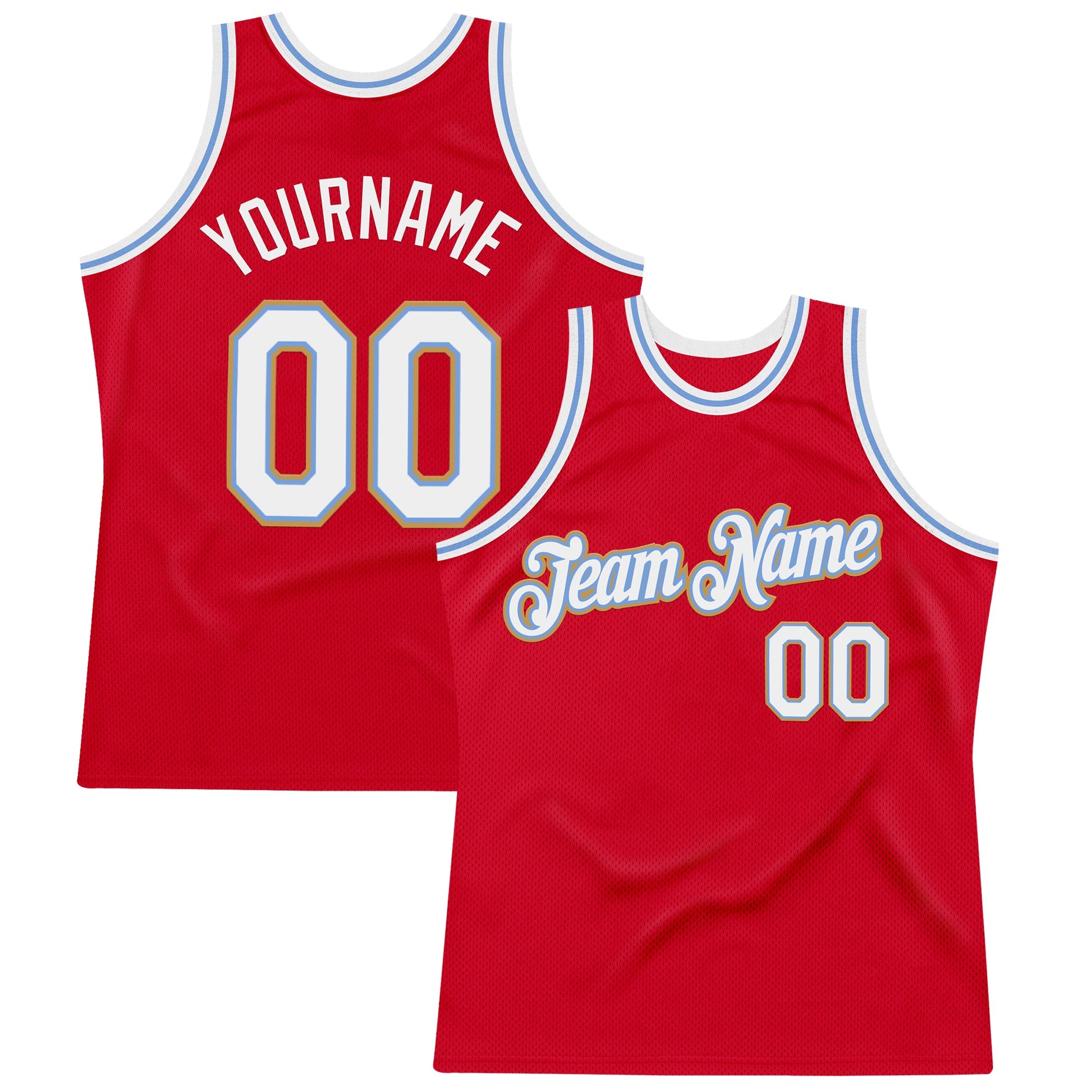 Custom Red Light Blue-Old Gold Authentic Throwback Basketball Jersey - Main View