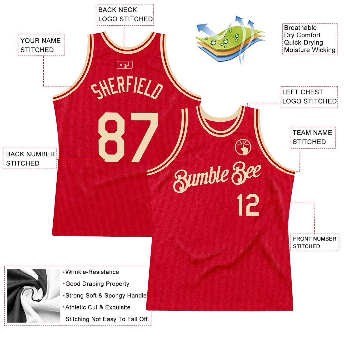 Custom Red Cream Authentic Throwback Basketball Jersey view 2