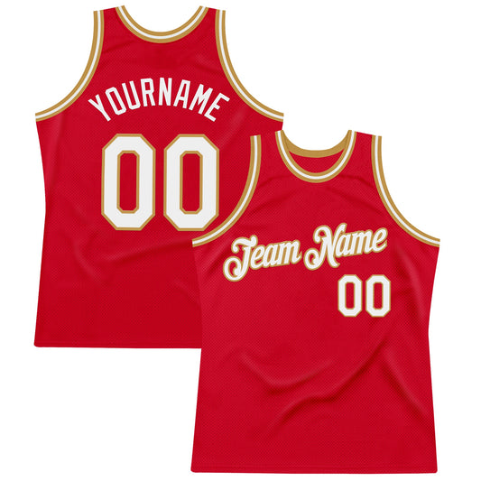 Custom Red White-Old Gold Authentic Throwback Basketball Jersey - Main View
