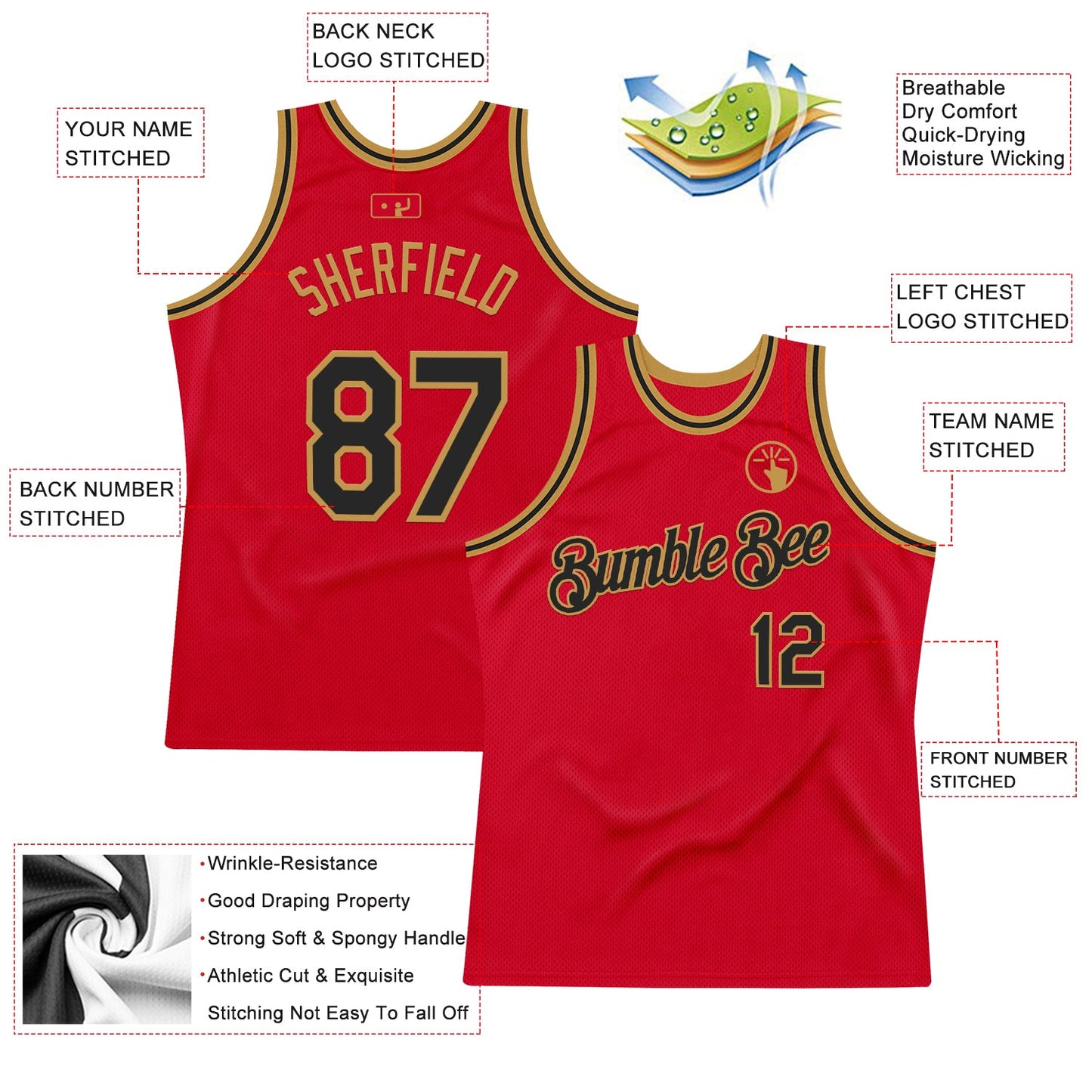 Custom Red Black-Old Gold Authentic Throwback Basketball Jersey view 2