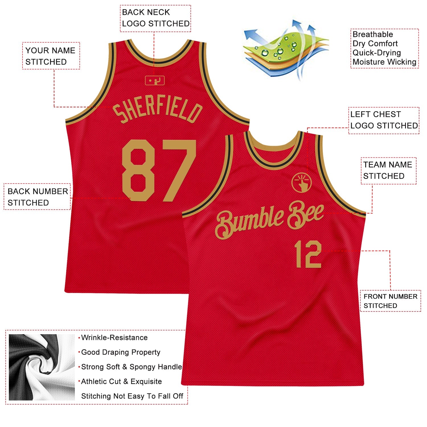 Custom Red Old Gold-Black Authentic Throwback Basketball Jersey view 2