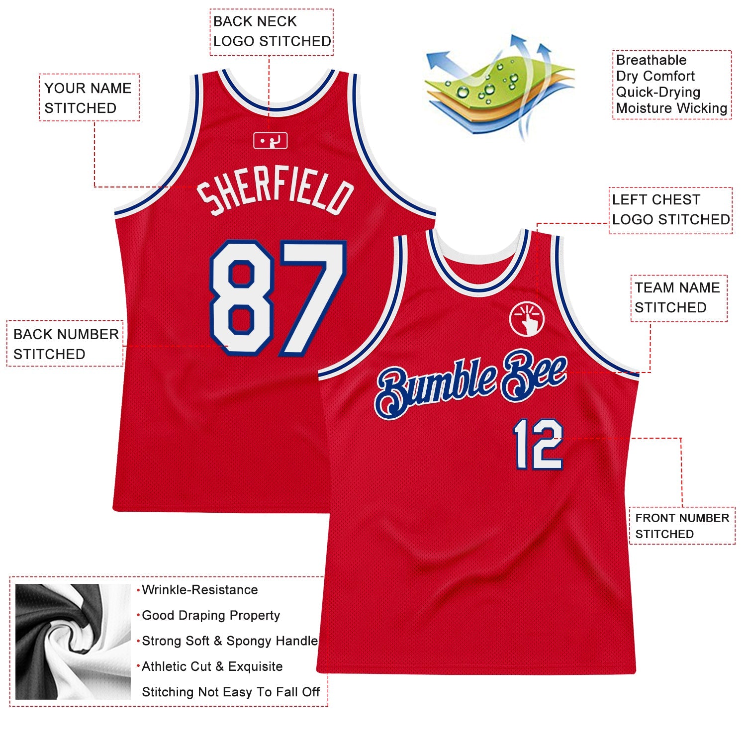 Custom Red White-Royal Authentic Throwback Basketball Jersey view 2