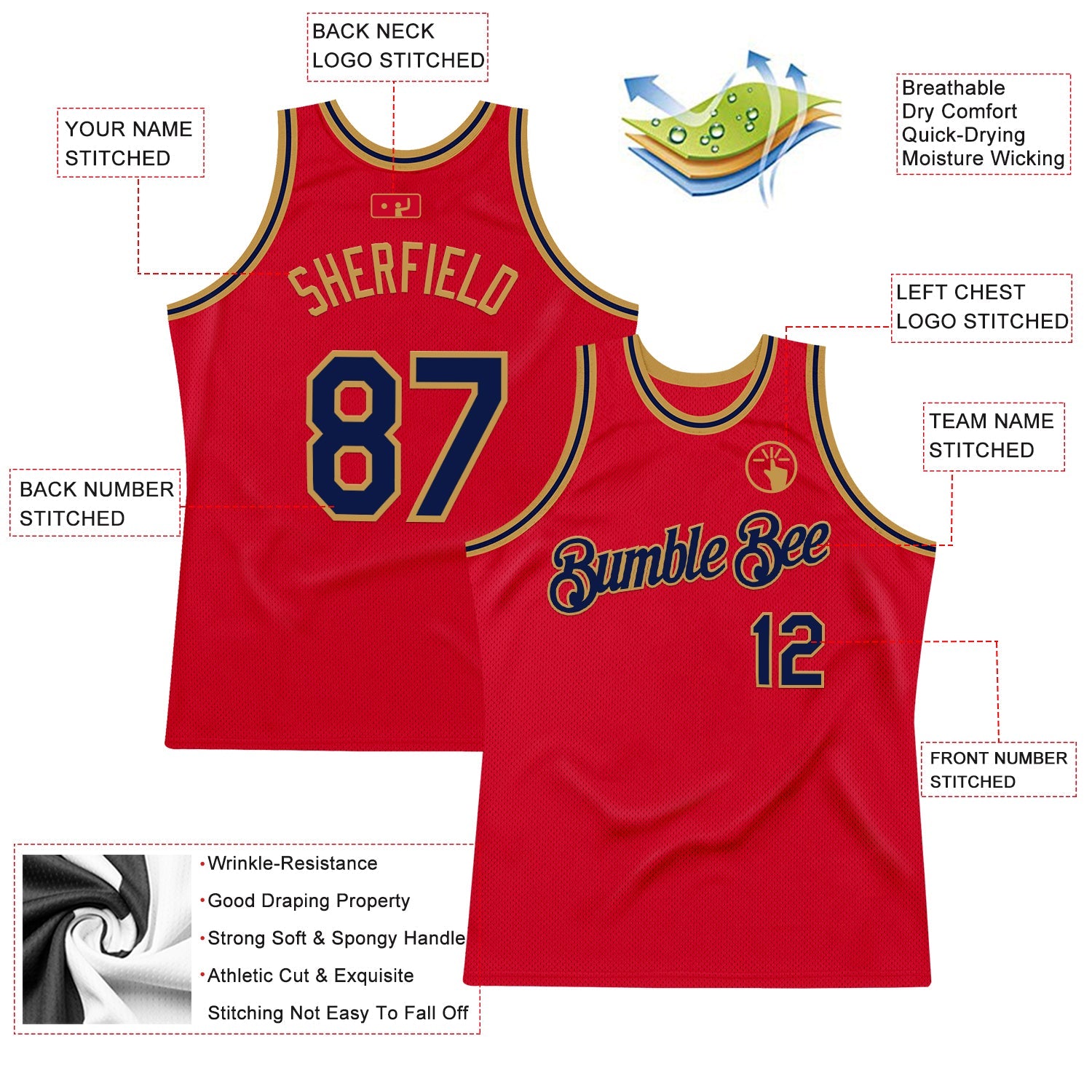 Custom Red Navy-Old Gold Authentic Throwback Basketball Jersey view 2