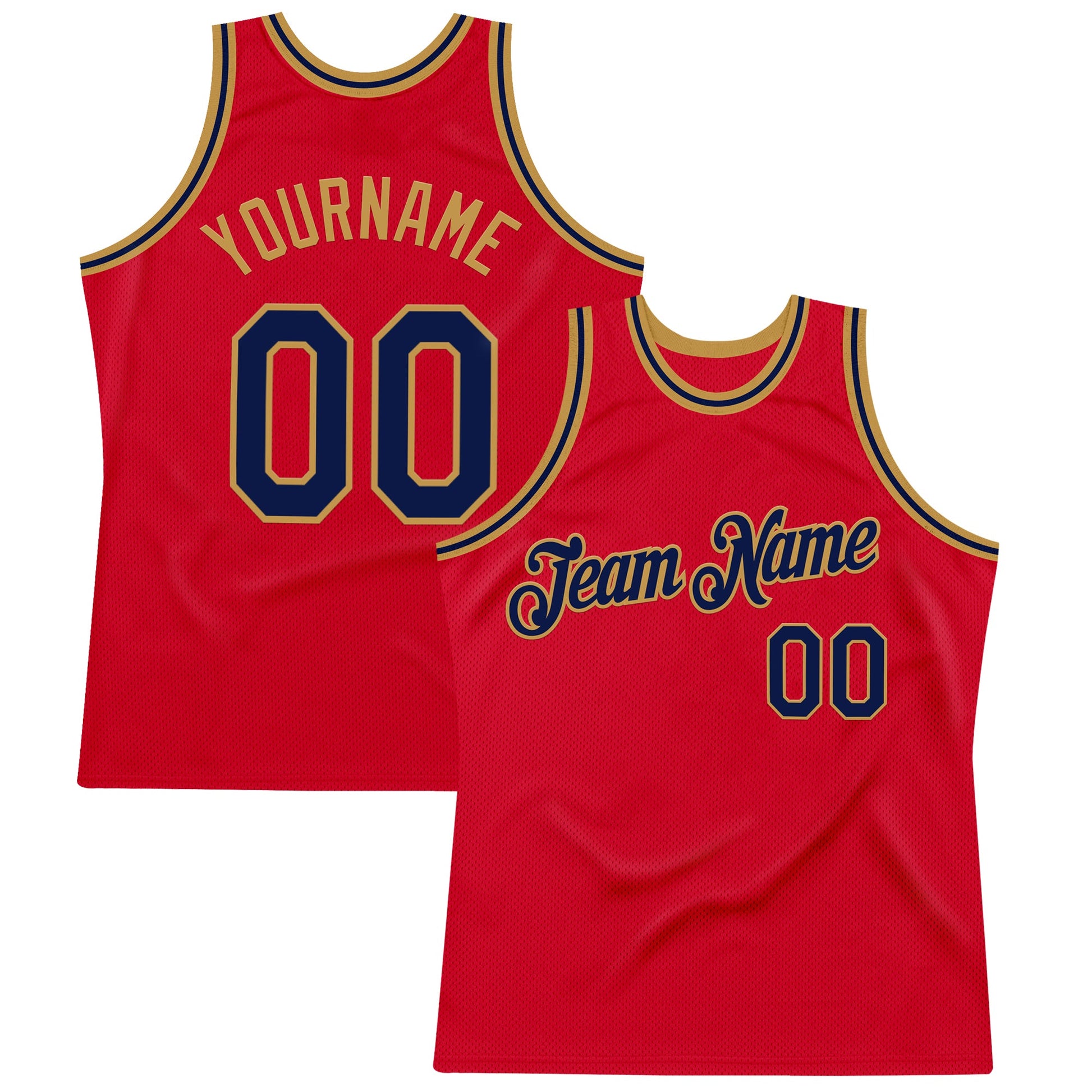 Custom Red Navy-Old Gold Authentic Throwback Basketball Jersey - Main View