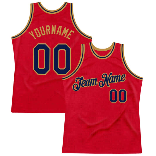 Custom Red Navy-Old Gold Authentic Throwback Basketball Jersey - Main View