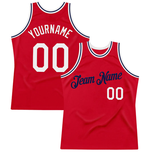 Custom Red White-Navy Authentic Throwback Basketball Jersey - Main View