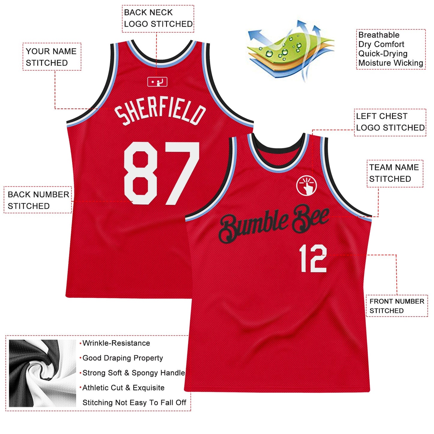 Custom Red Black-Light Blue Authentic Throwback Basketball Jersey view 2