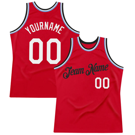 Custom Red Black-Light Blue Authentic Throwback Basketball Jersey - Main View