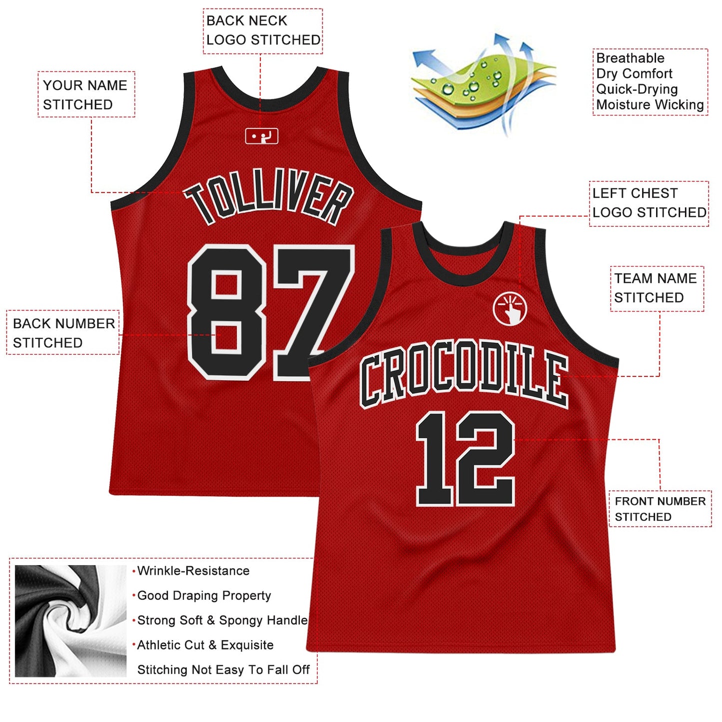 Custom Red Black-White Authentic Throwback Basketball Jersey view 2