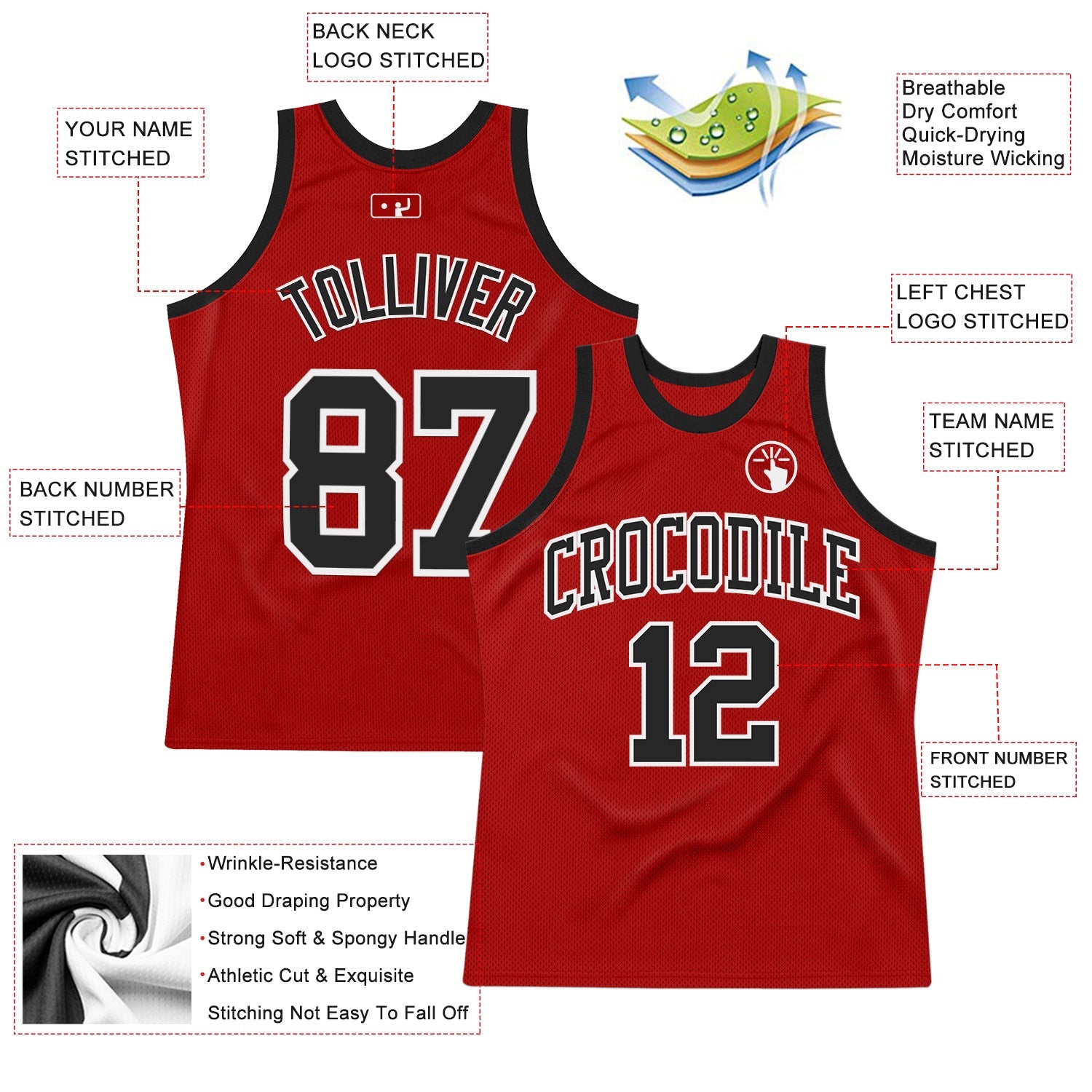 Custom Red Black-White Authentic Throwback Basketball Jersey view 2