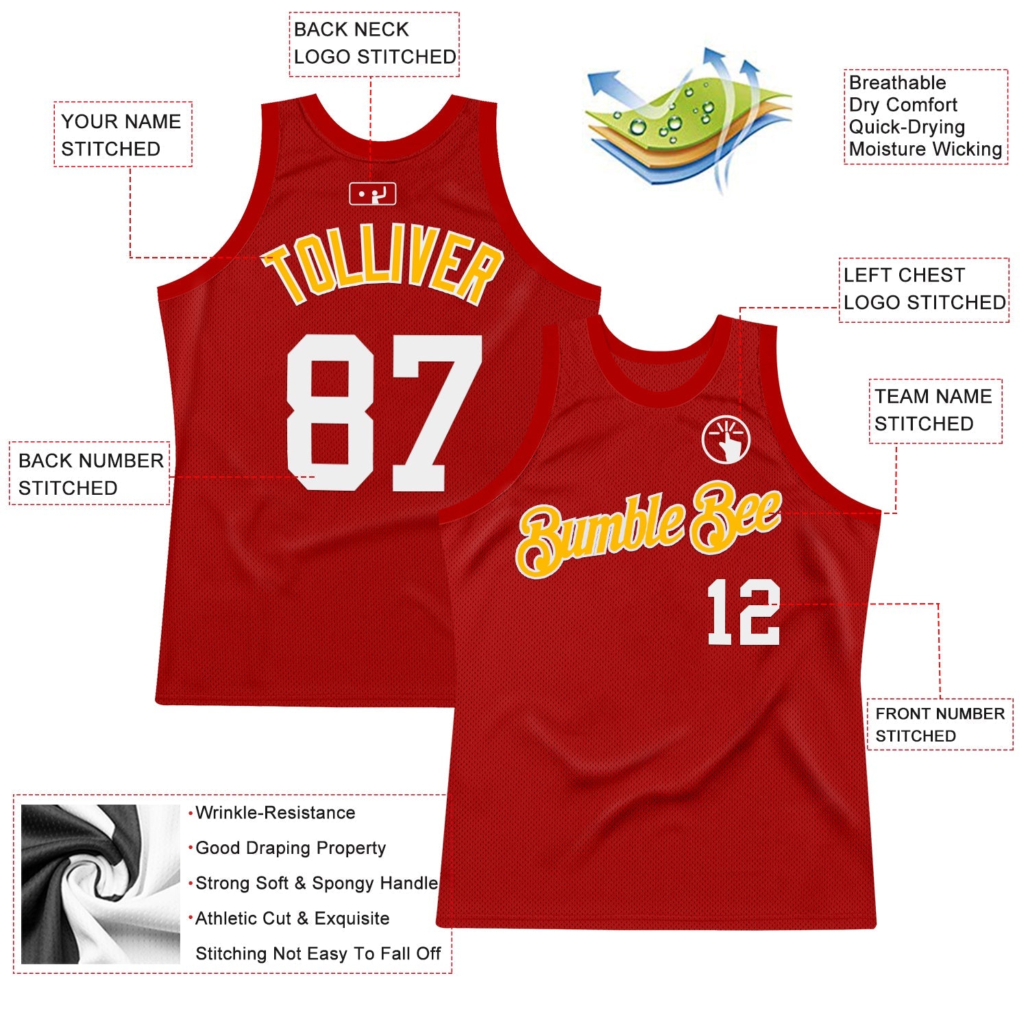 Custom Red White-Gold Authentic Throwback Basketball Jersey view 2