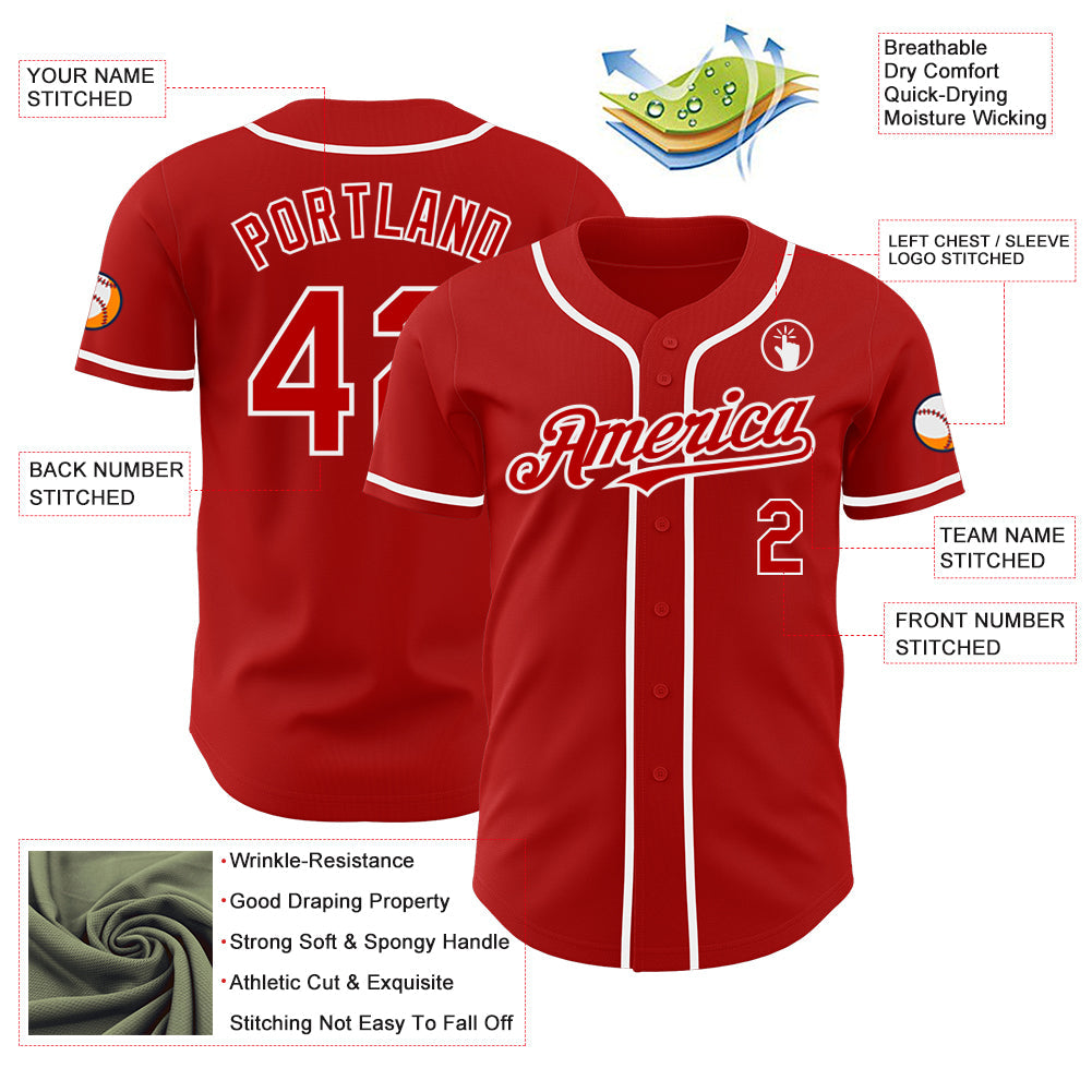 Custom Red White Authentic Baseball Jersey view 3