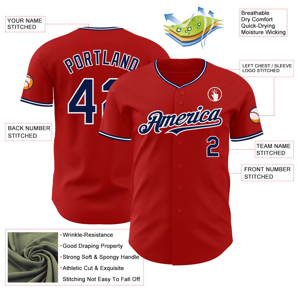 Custom Red Navy-White Authentic Baseball Jersey view 3