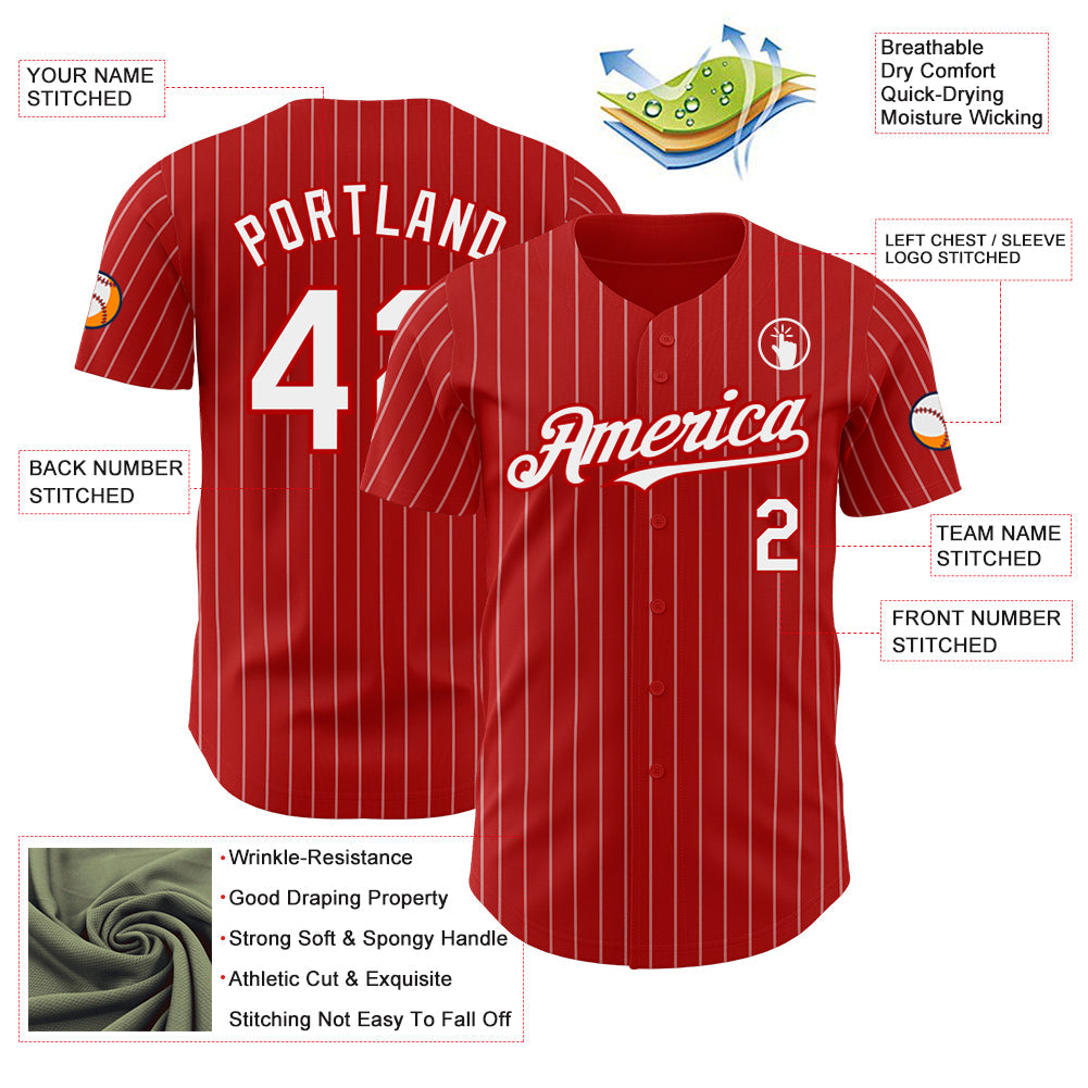 Custom Red White Pinstripe White Authentic Baseball Jersey view 3