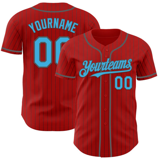 Custom Red Steel Gray Pinstripe Sky Blue Authentic Baseball Jersey - Main View
