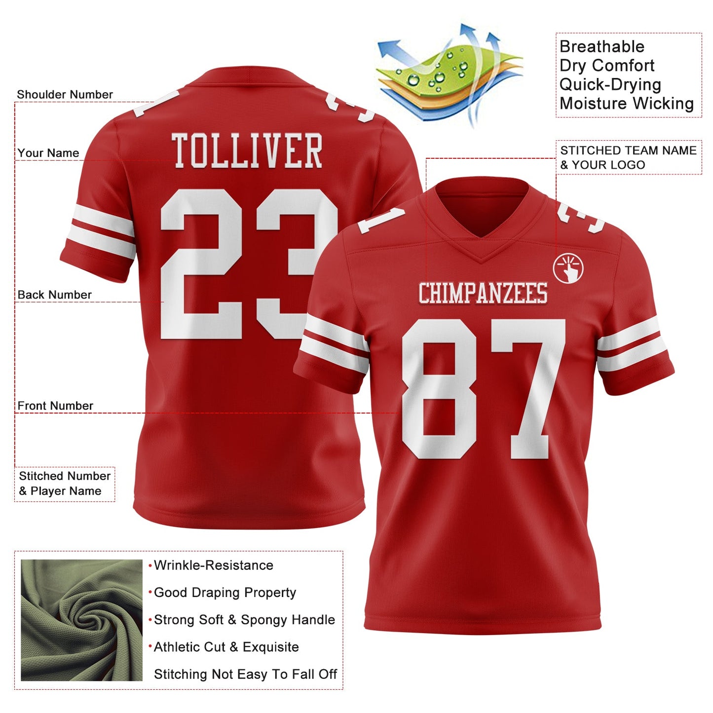 Custom Red White Authentic Football Jersey view 3
