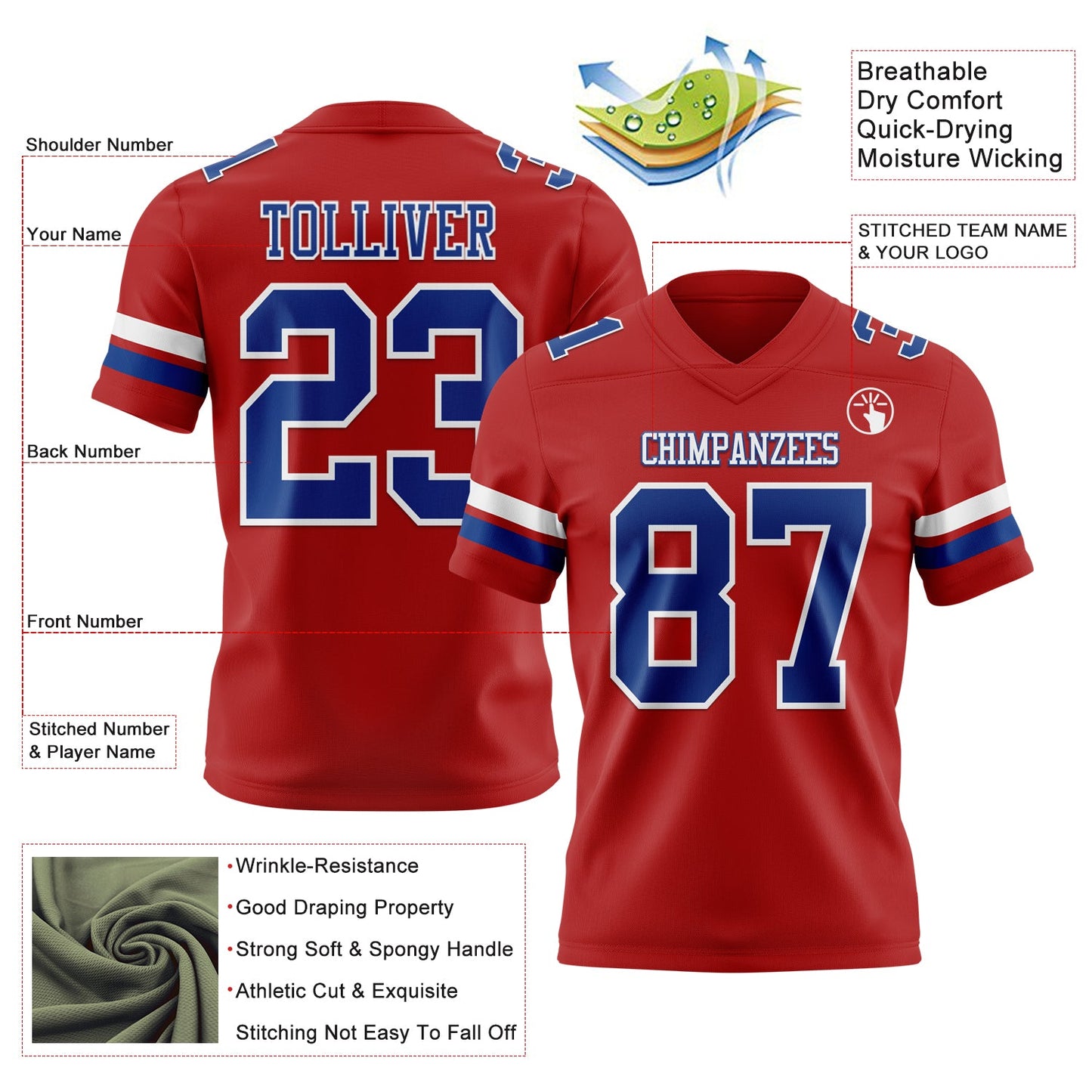 Custom Red Royal-White Authentic Football Jersey view 3