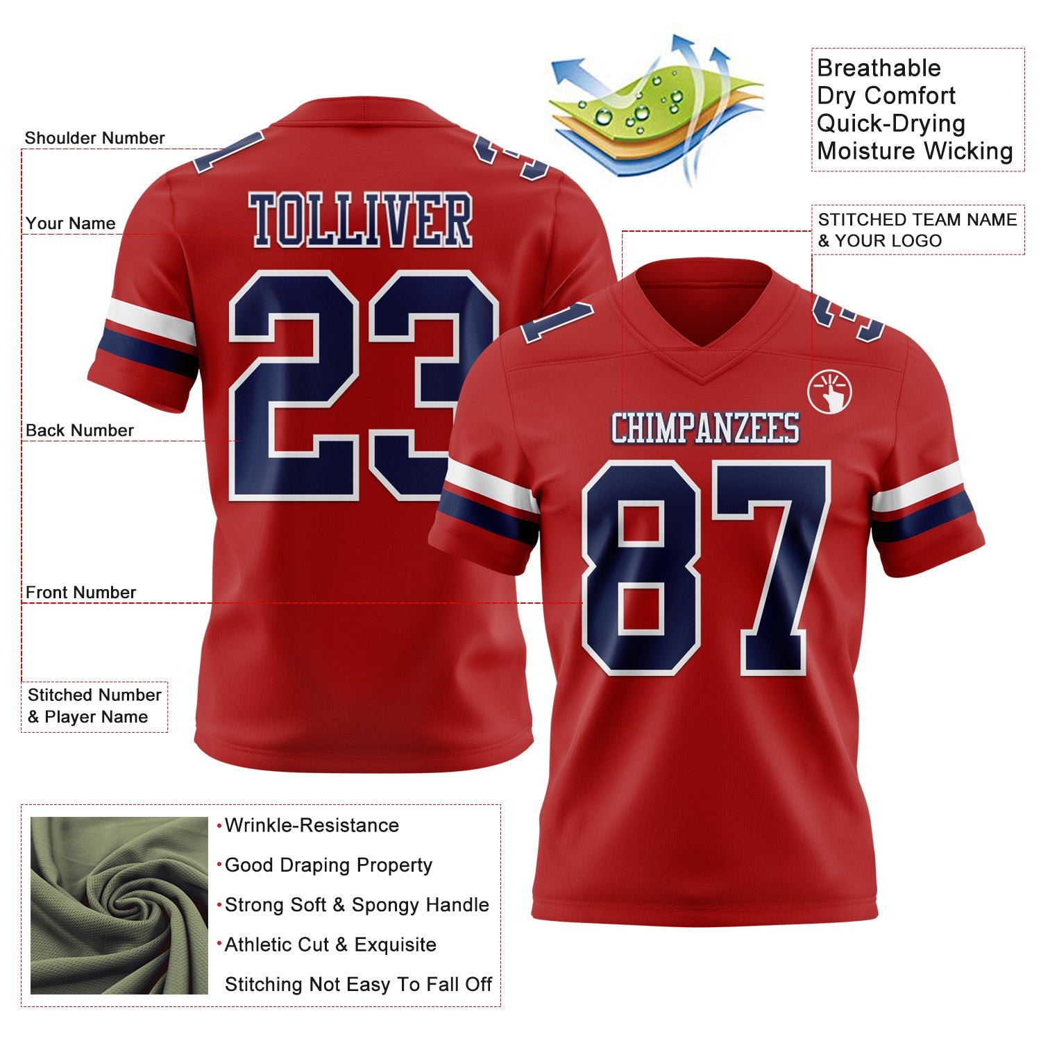 Custom Red Navy-White Authentic Football Jersey view 3