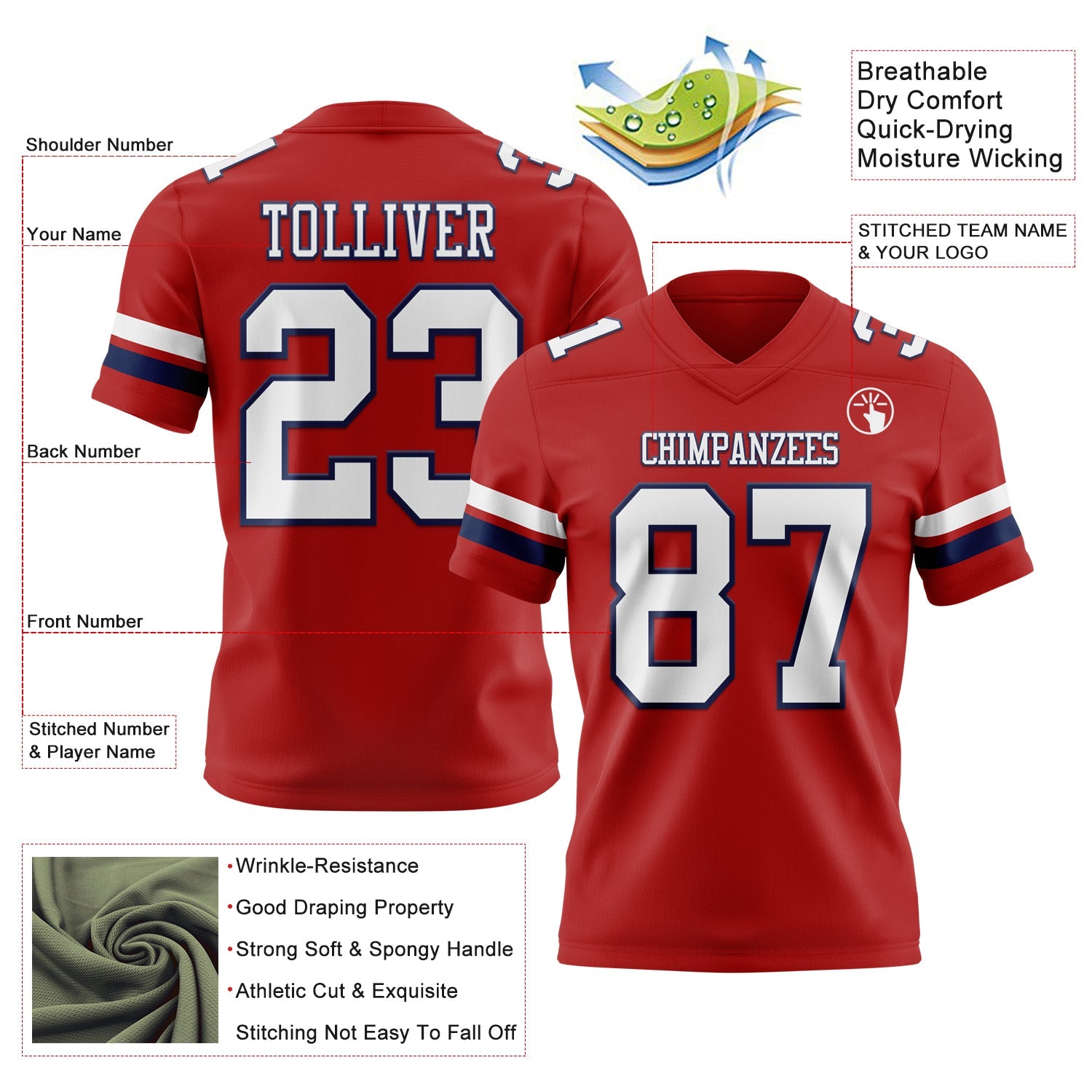 Custom Red White-Navy Authentic Football Jersey view 3