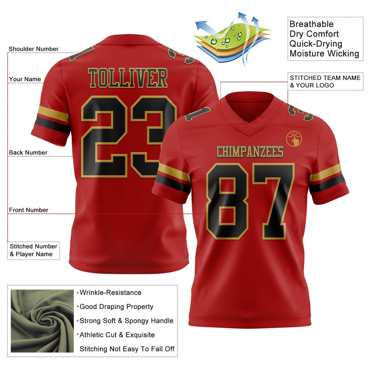 Custom Red Black-Old Gold Authentic Football Jersey view 3