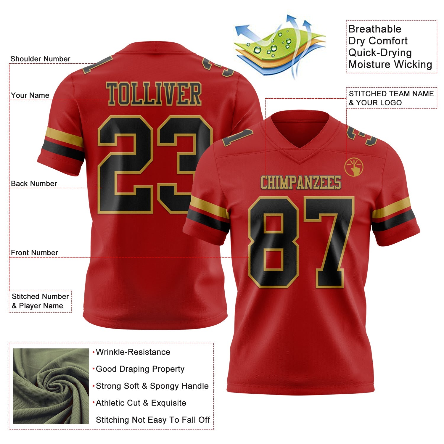 Custom Red Black-Old Gold Authentic Football Jersey view 3