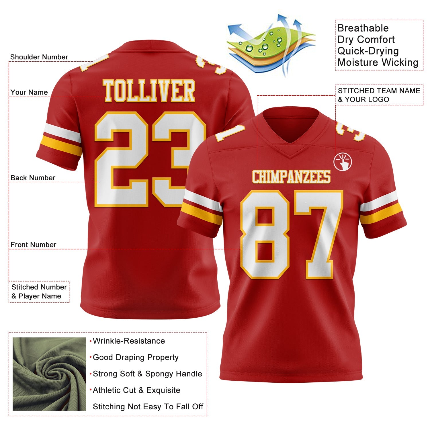 Custom Red White-Gold Authentic Football Jersey view 3