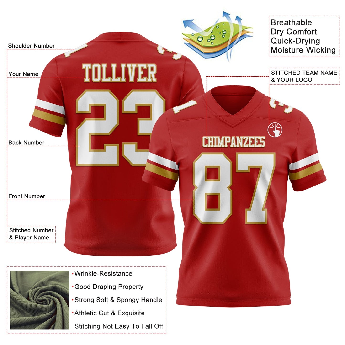 Custom Red White-Old Gold Authentic Football Jersey view 3