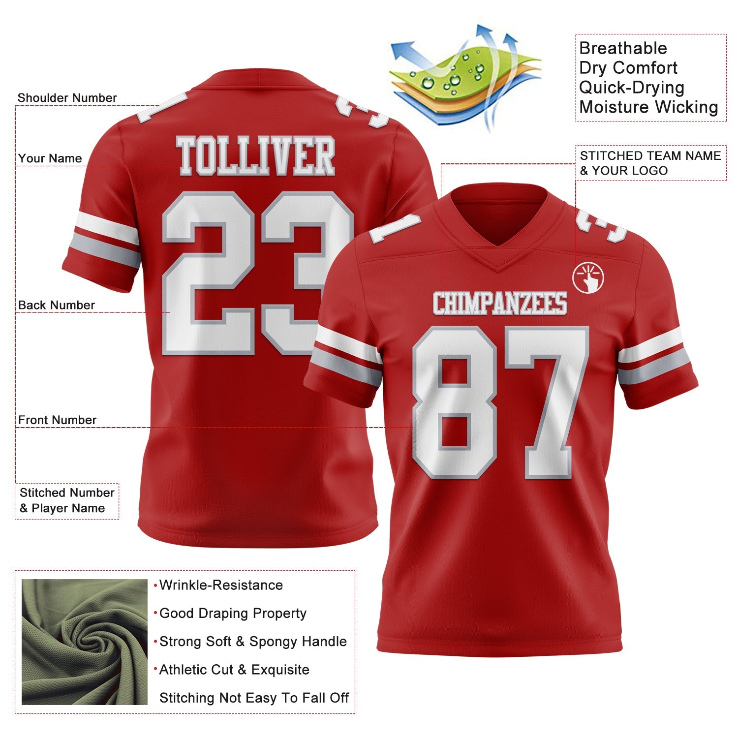 Custom Red White-Gray Authentic Football Jersey view 3