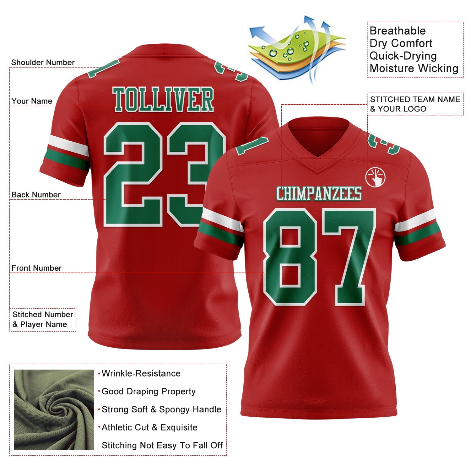 Custom Red Kelly Green-White Authentic Football Jersey view 3