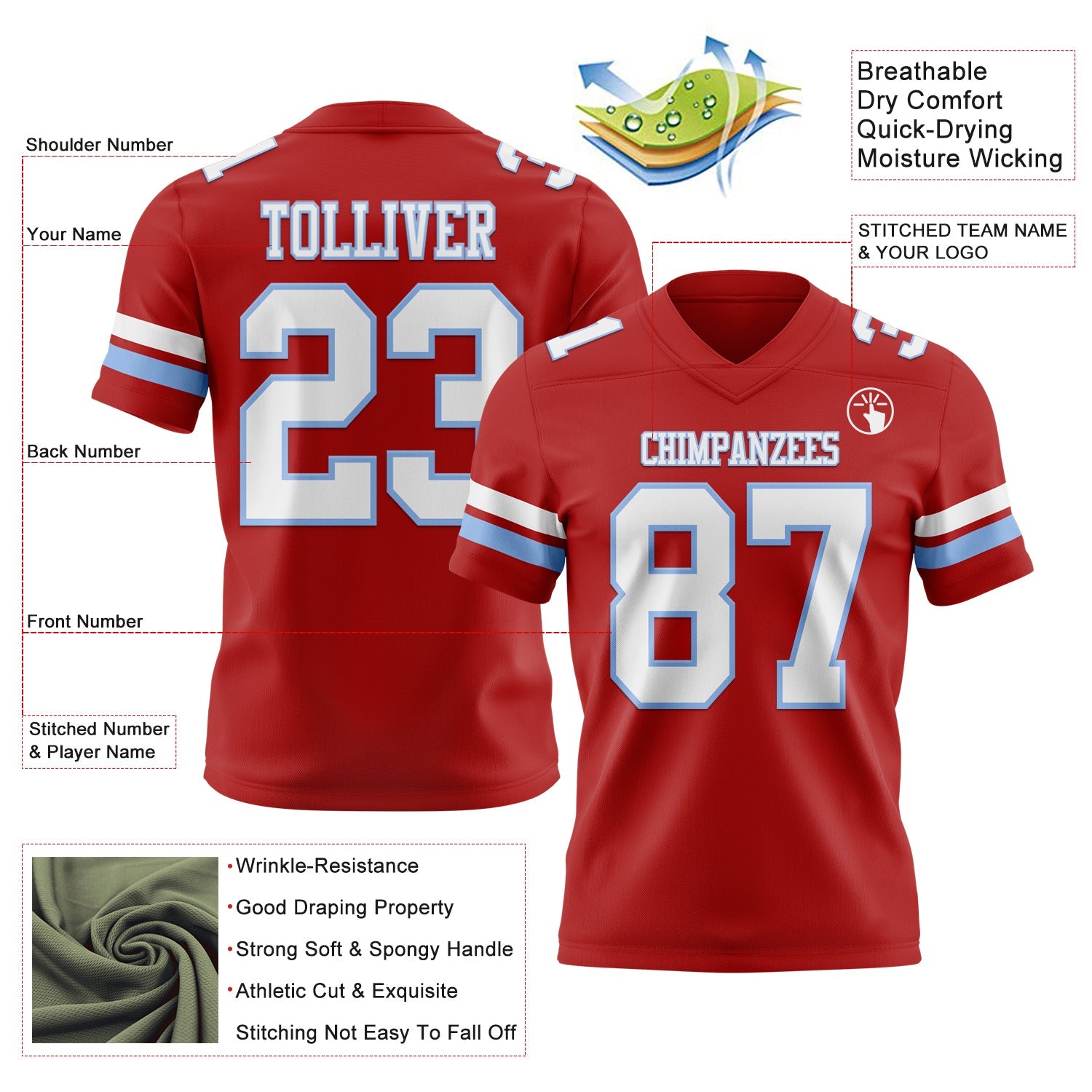 Custom Red White-Light Blue Authentic Football Jersey view 3