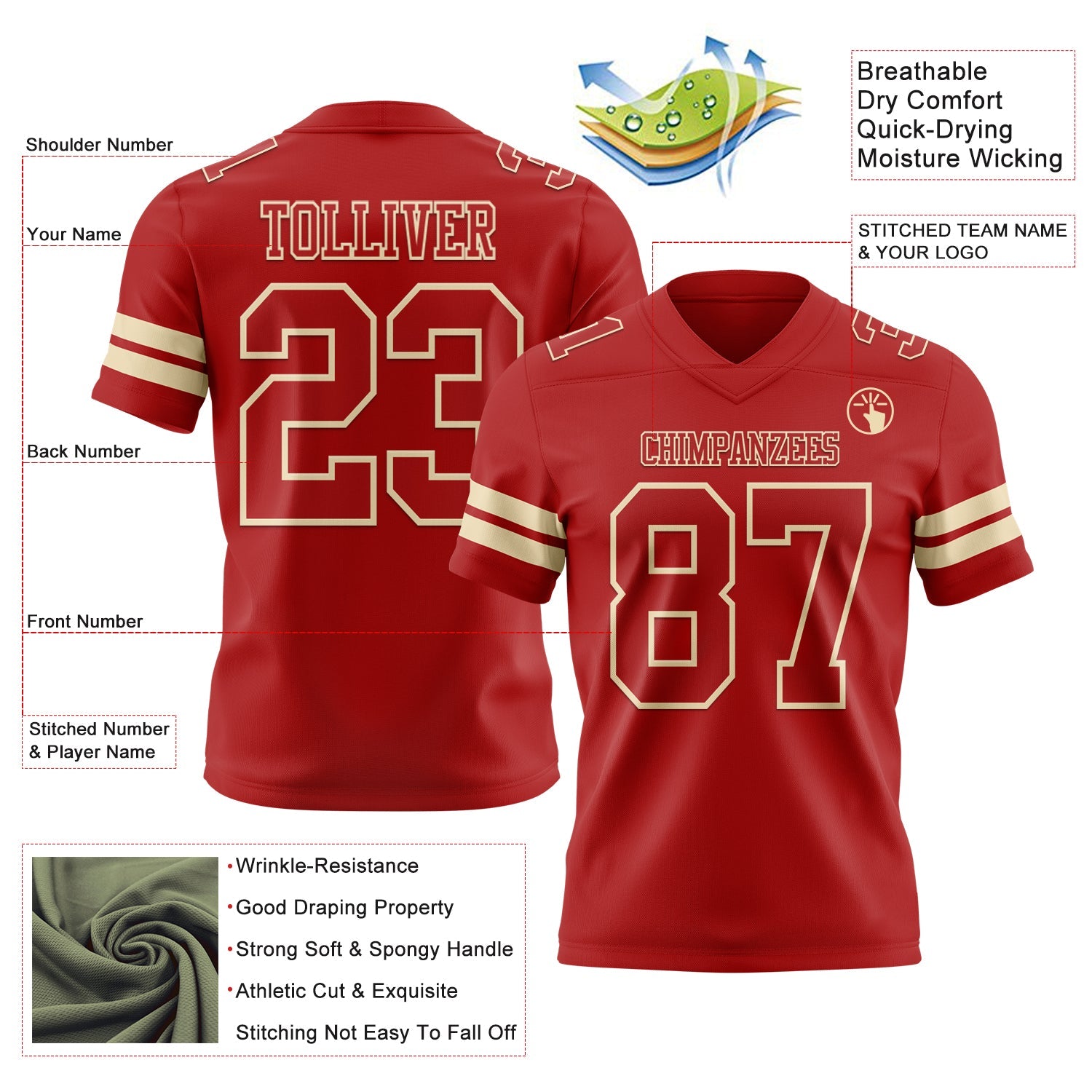 Custom Red Cream Authentic Football Jersey view 3