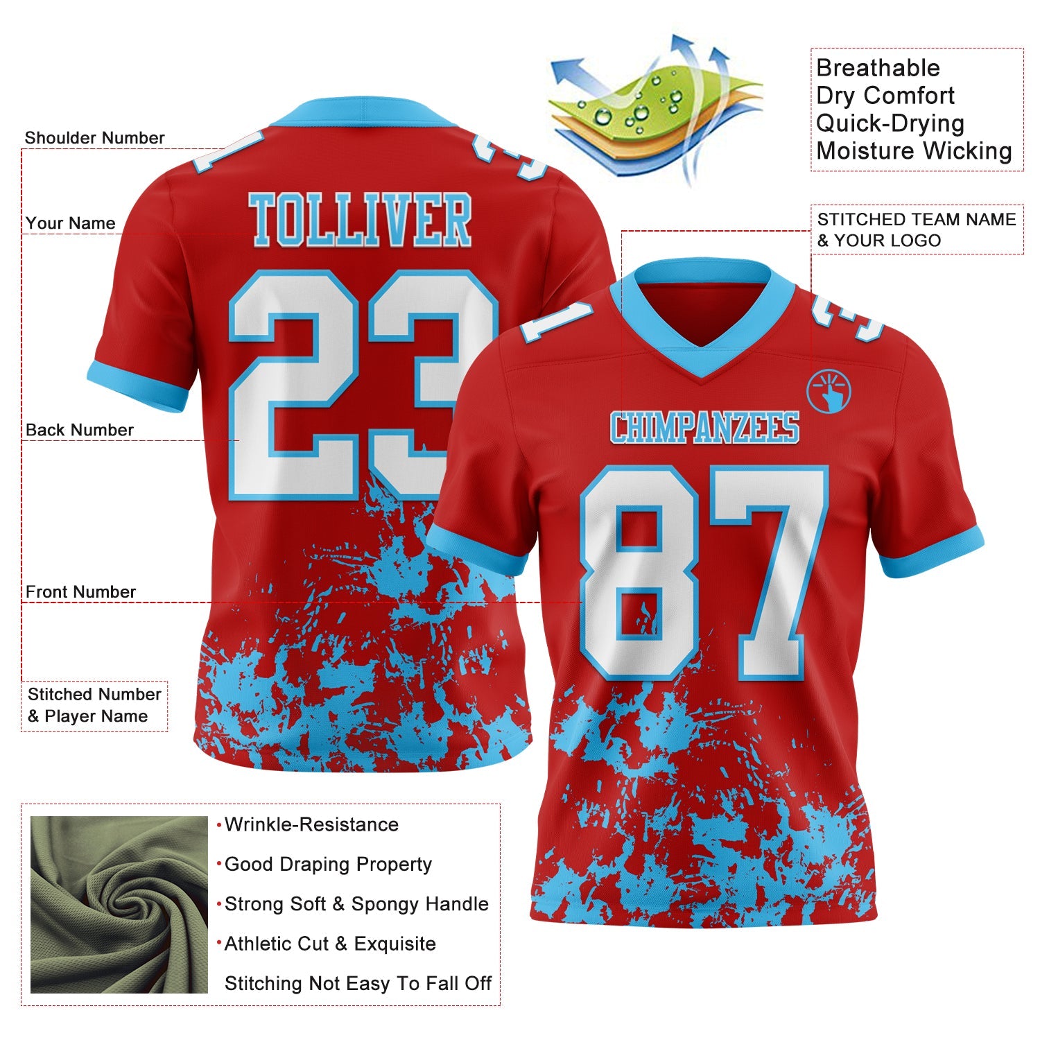Custom Red White-Sky Blue 3D Pattern Splash Authentic Football Jersey view 3