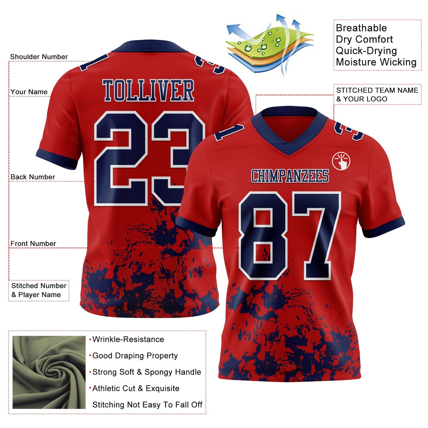 Custom Red Navy-White 3D Pattern Splash Authentic Football Jersey view 3