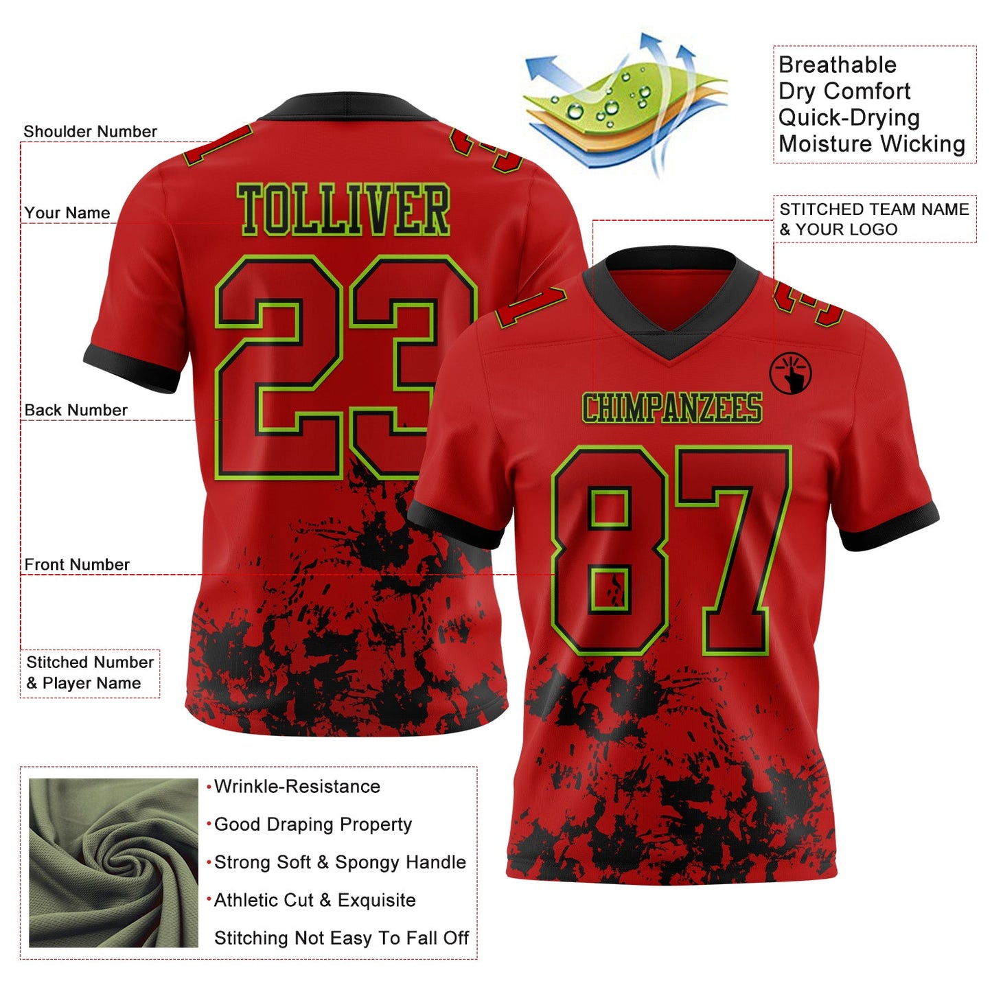 Custom Red Black-Neon Green 3D Pattern Splash Authentic Football Jersey view 3
