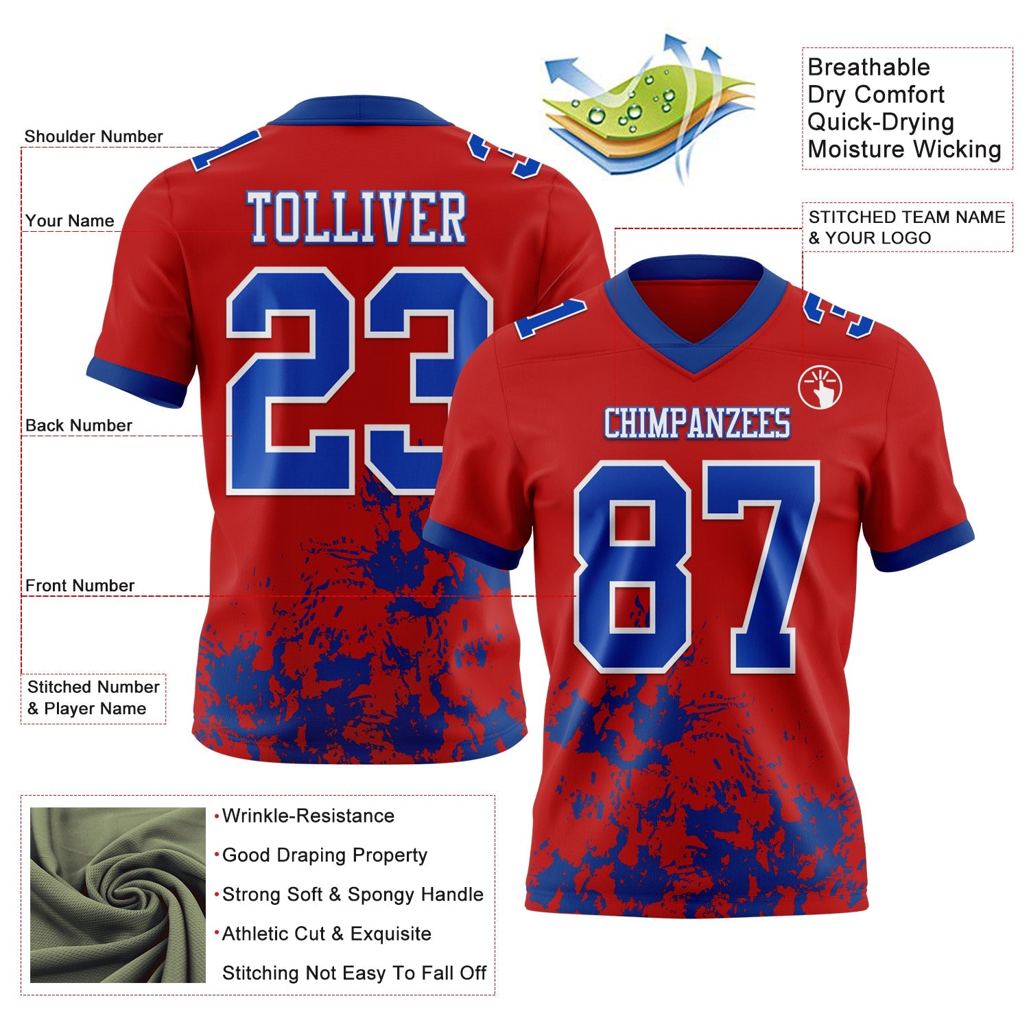 Custom Red Royal-White 3D Pattern Splash Authentic Football Jersey view 3