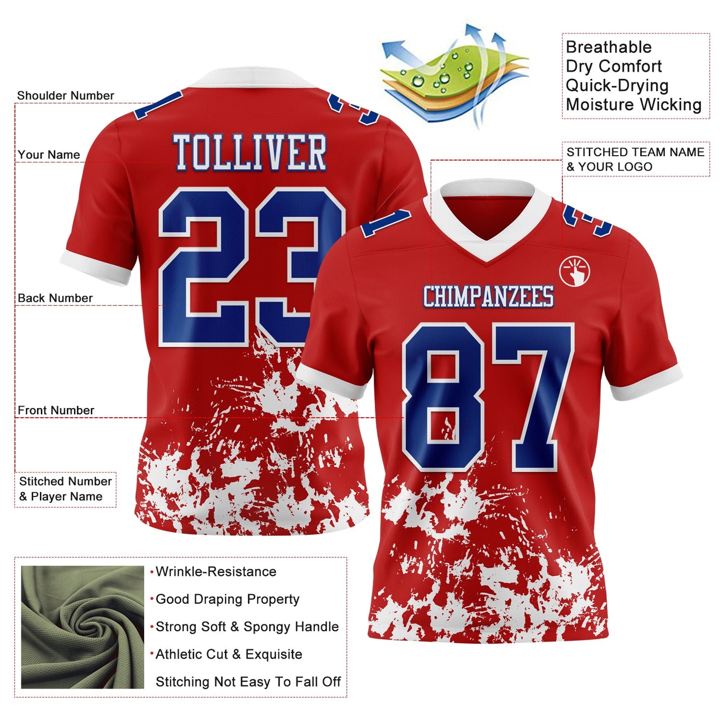 Custom Red Royal-White 3D Pattern Splash Authentic Football Jersey view 3