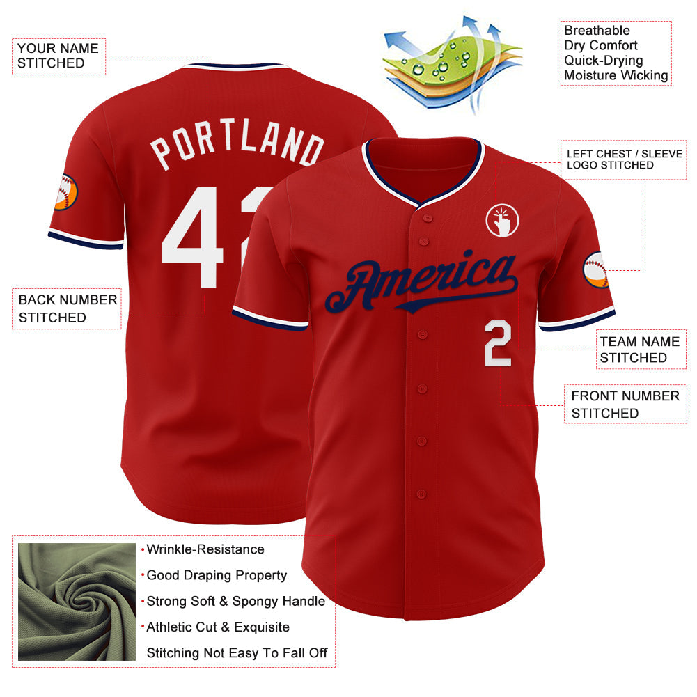 Custom Red White-Navy Authentic Baseball Jersey view 3