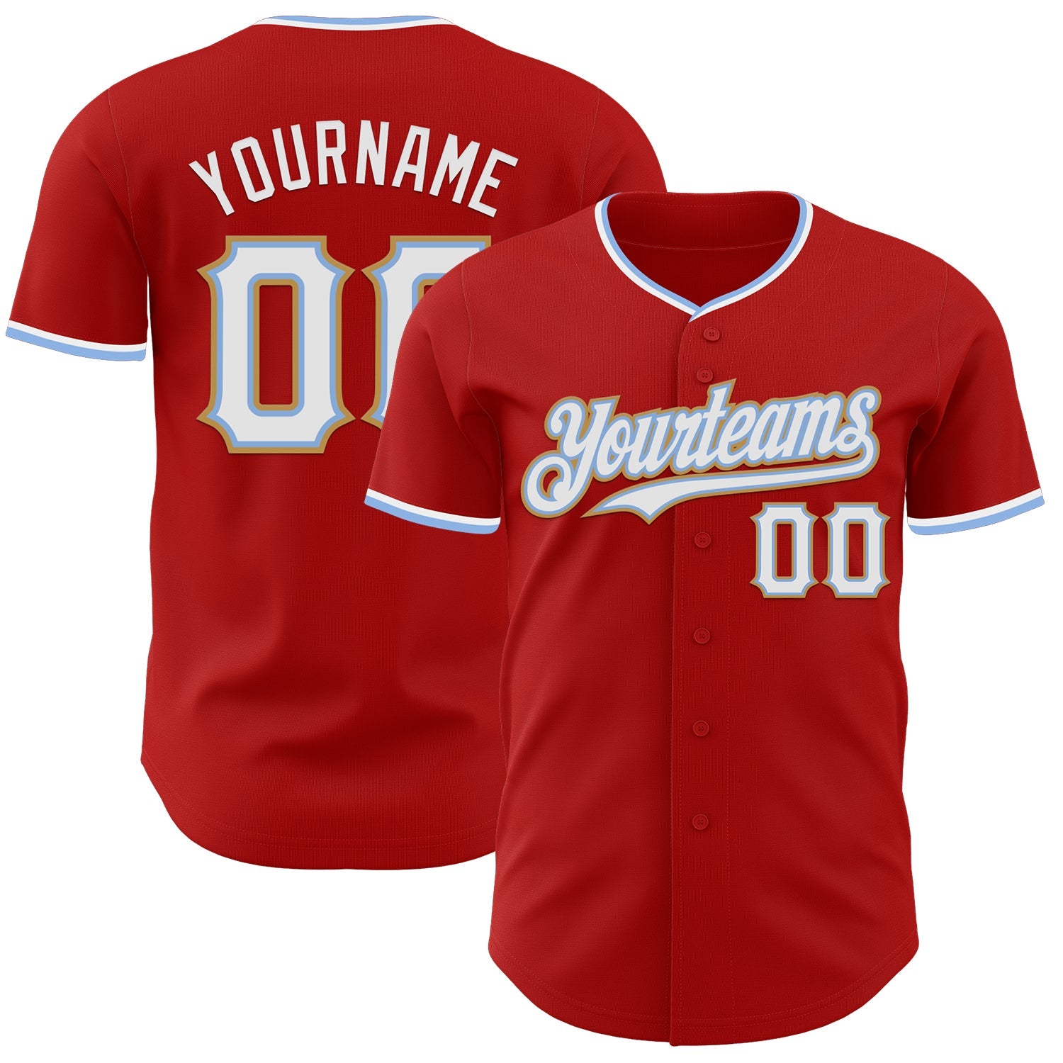 Custom Red White Light Blue-Old Gold Authentic Baseball Jersey - Main View